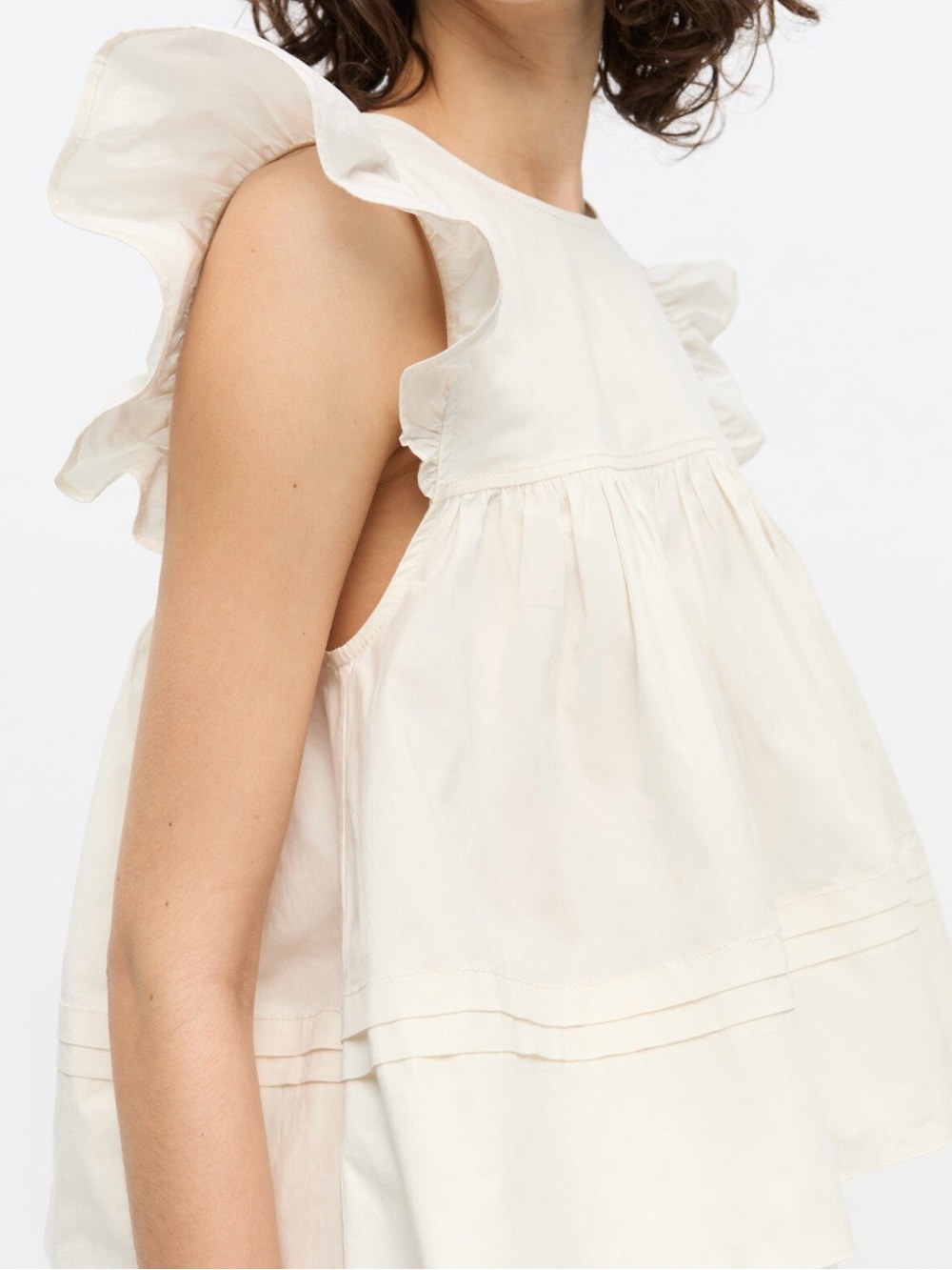 GANNI Women’s White Stretch Cotton Frill Sleeve Top with Pleated Bottom Sz 32